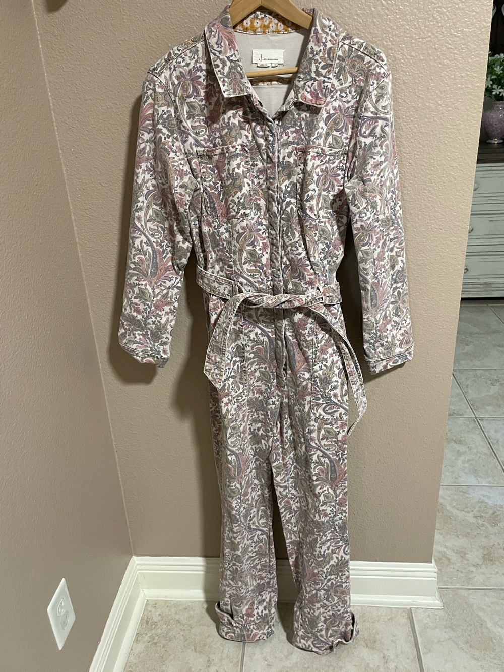 By Anthropologie Paisley Tie-Waist Jumpsuit